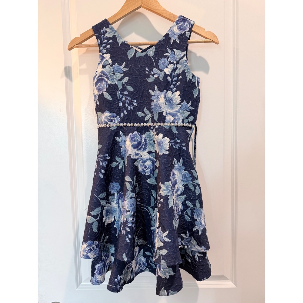 Speechless Kids Girls Blue Floral Brocade Metallic Party Dress Size 10